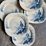 6 blue ironstone flat plates from Gien, "Birds" service, circa 1870, no. 1