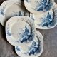 6 blue ironstone flat plates from Gien, "Birds" service, circa 1870, no. 1