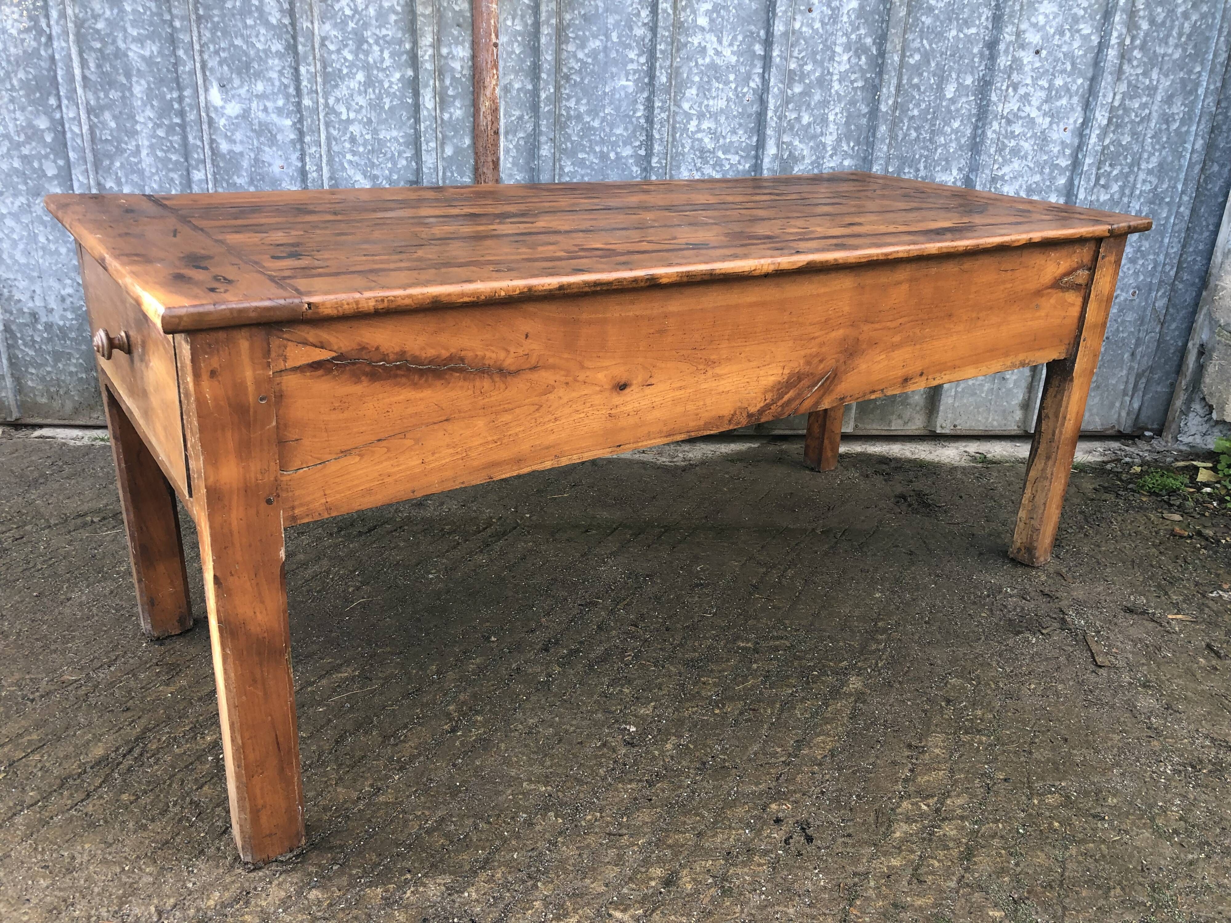 Antique Rustic Solid Cherry Farmhouse Table with 3 Drawers and 1 Pull Out