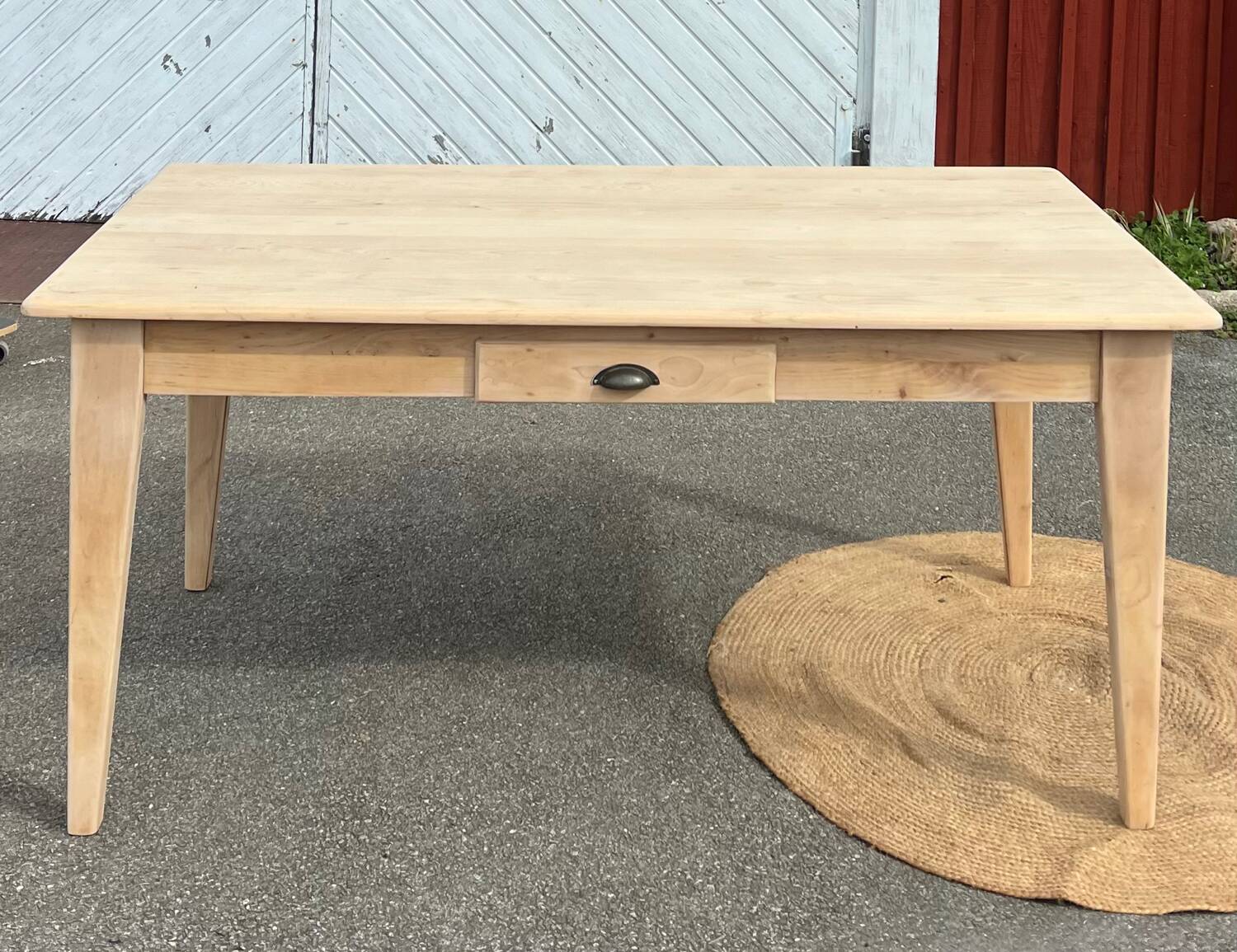 Large renovated table with 2 extensions and 2 drawers in raw solid wood.