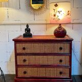 Wood and rattan commode Maugrion vintage 1980s