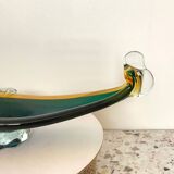 Dark green & amber Murano glass gondola- Sommerso