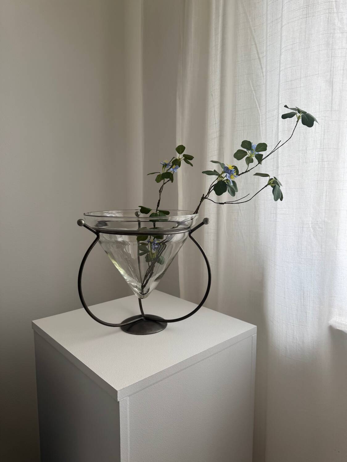 Vintage Modernist Large Clear Glass Vase/Decorative Piece With Metal