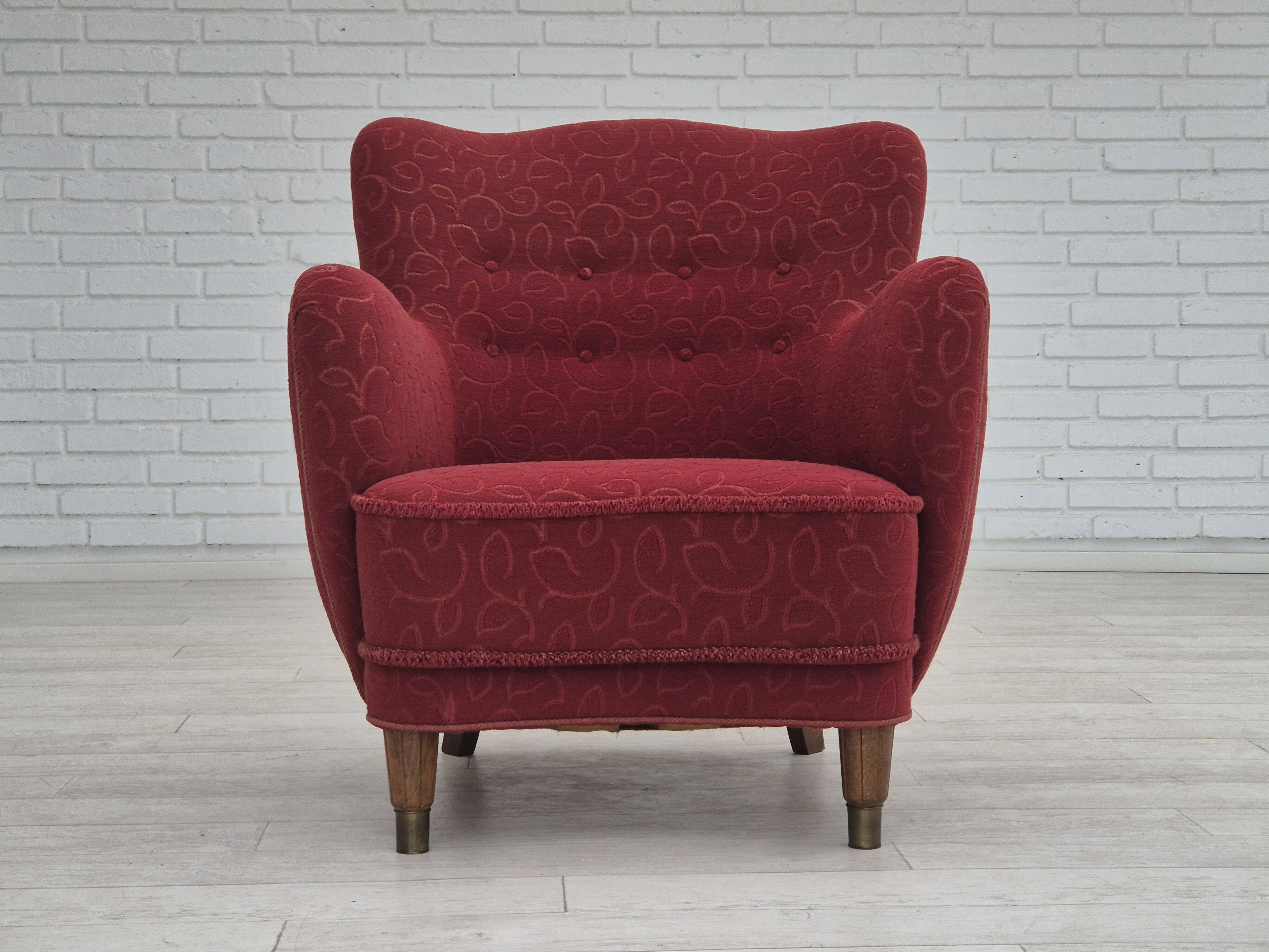 Années 1960, fauteuil relax danois, état d'origine, coton/laine rouge.