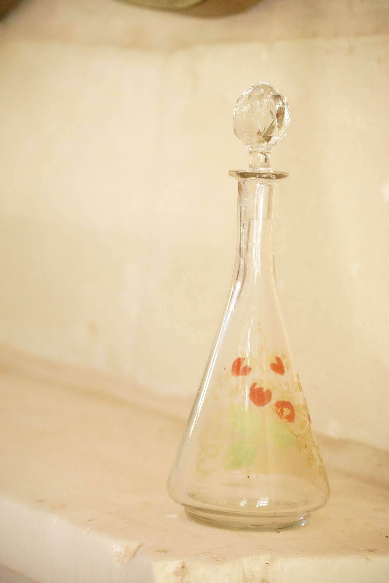 Legras (late 19th century) strawberry enamelled glass liqueur carafe.