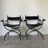 Pair of leather “curule” emperor armchairs