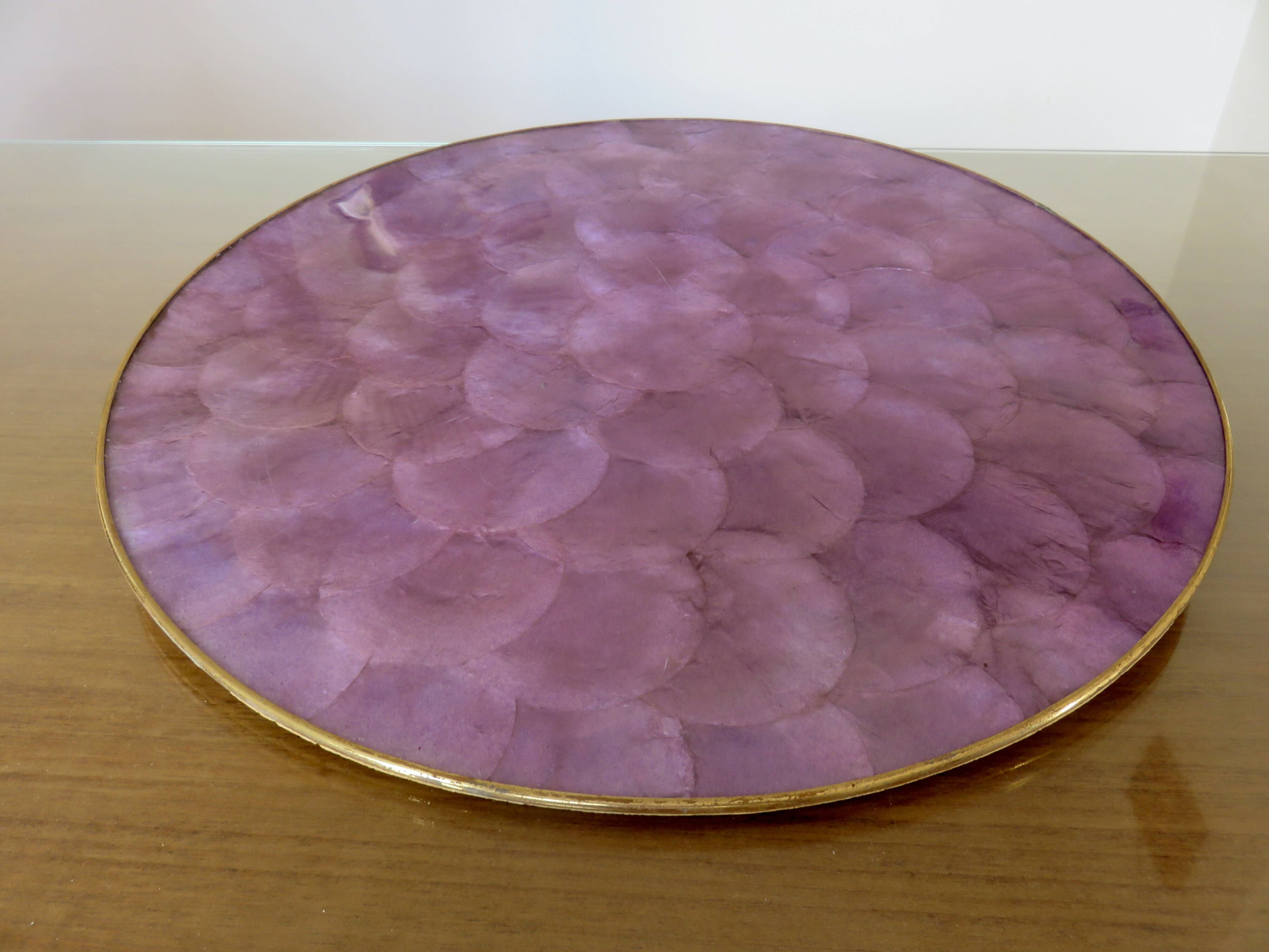 Purple mother-of-pearl trivet, Capiz from the Philippines, brass rim 1970.