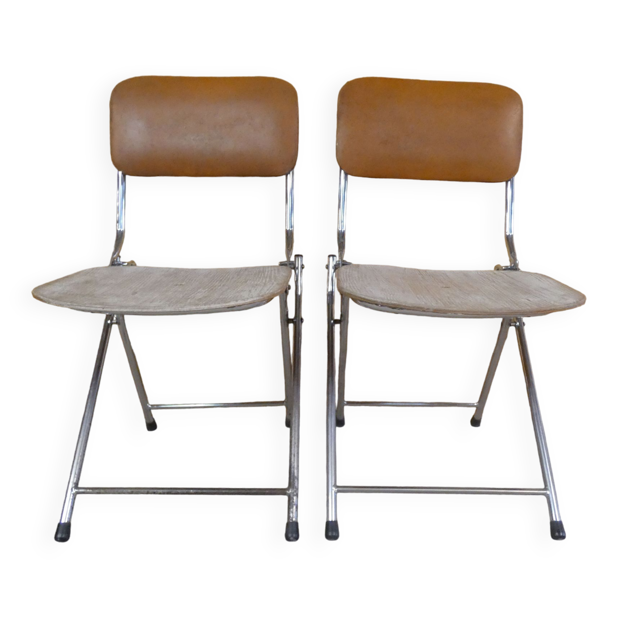 2 Eyrel folding chairs in chromed metal and skai 1970s