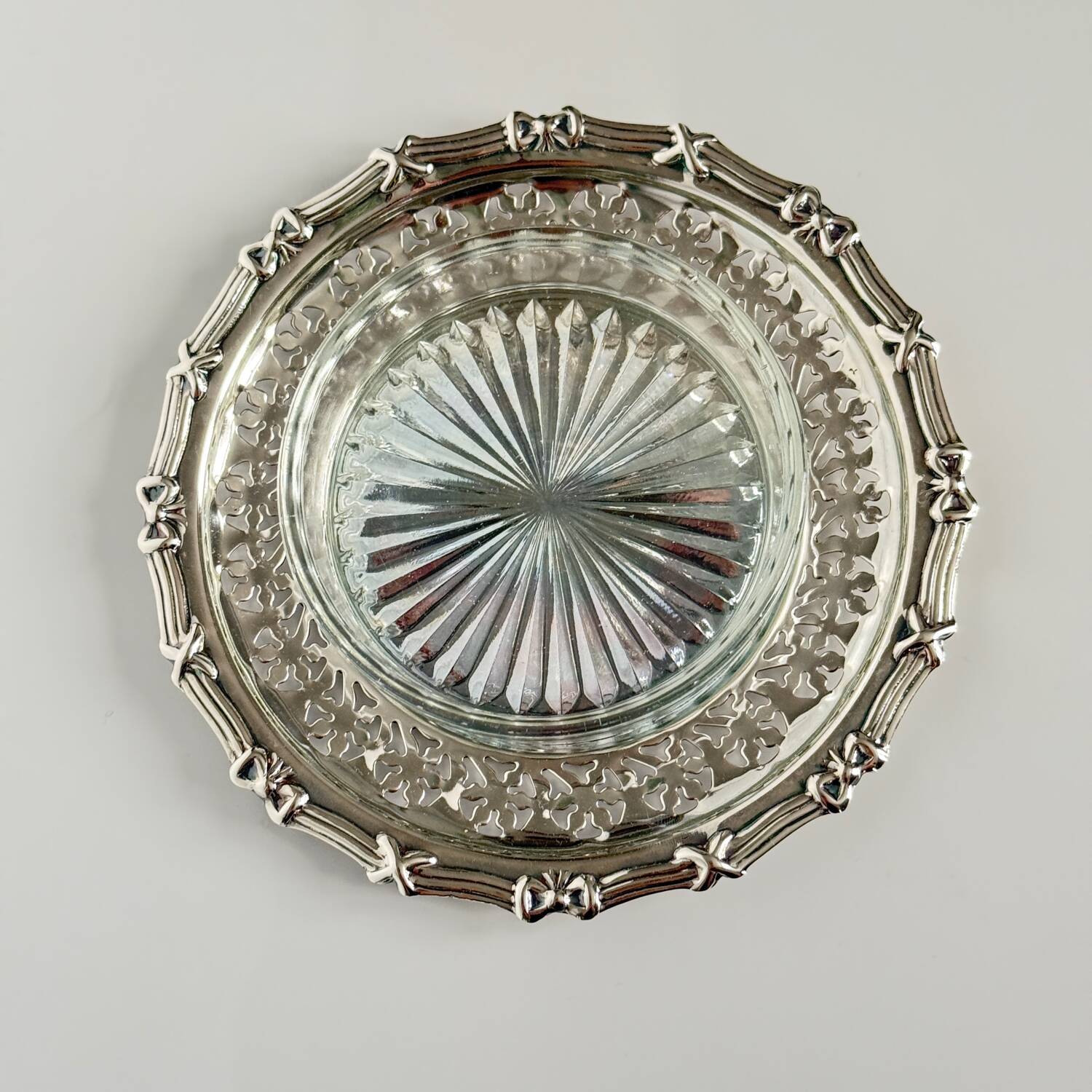 Silver metal ramekin with glass insert, ribbons, bows