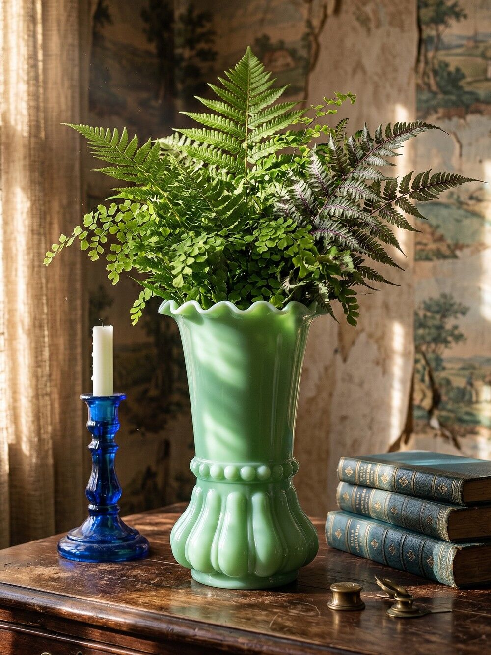 Large antique jade green opaline crystal vase, circa 1900-1930.