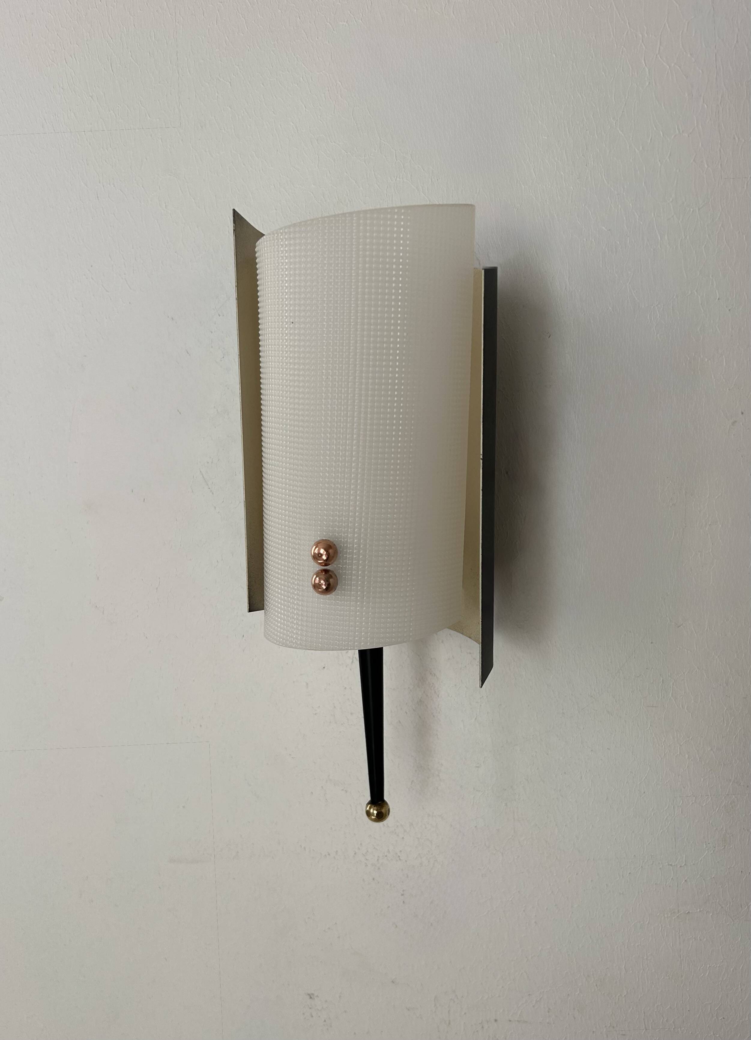 Vintage Jaques Biny wall lamp, black metal, brass and perpex, France 1960