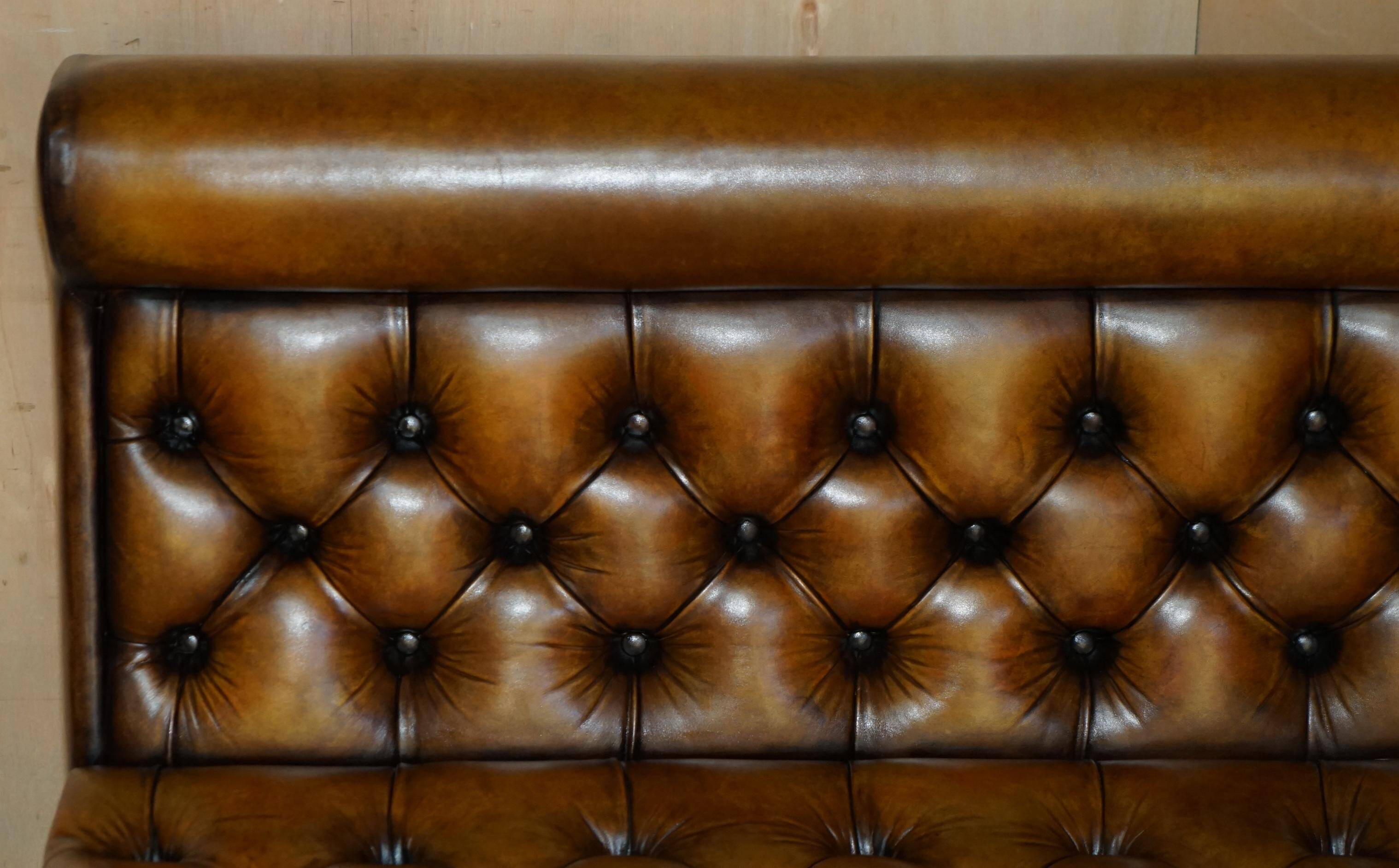 Pair of Victorian Chesterfield pub benches in leather.