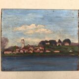 Village on the river, oil on wood early 20th century, signature for identification