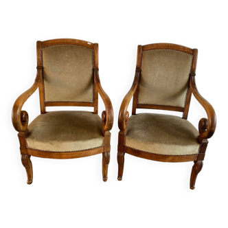 Pair of louis philippe armchairs in walnut and bronze green fabric