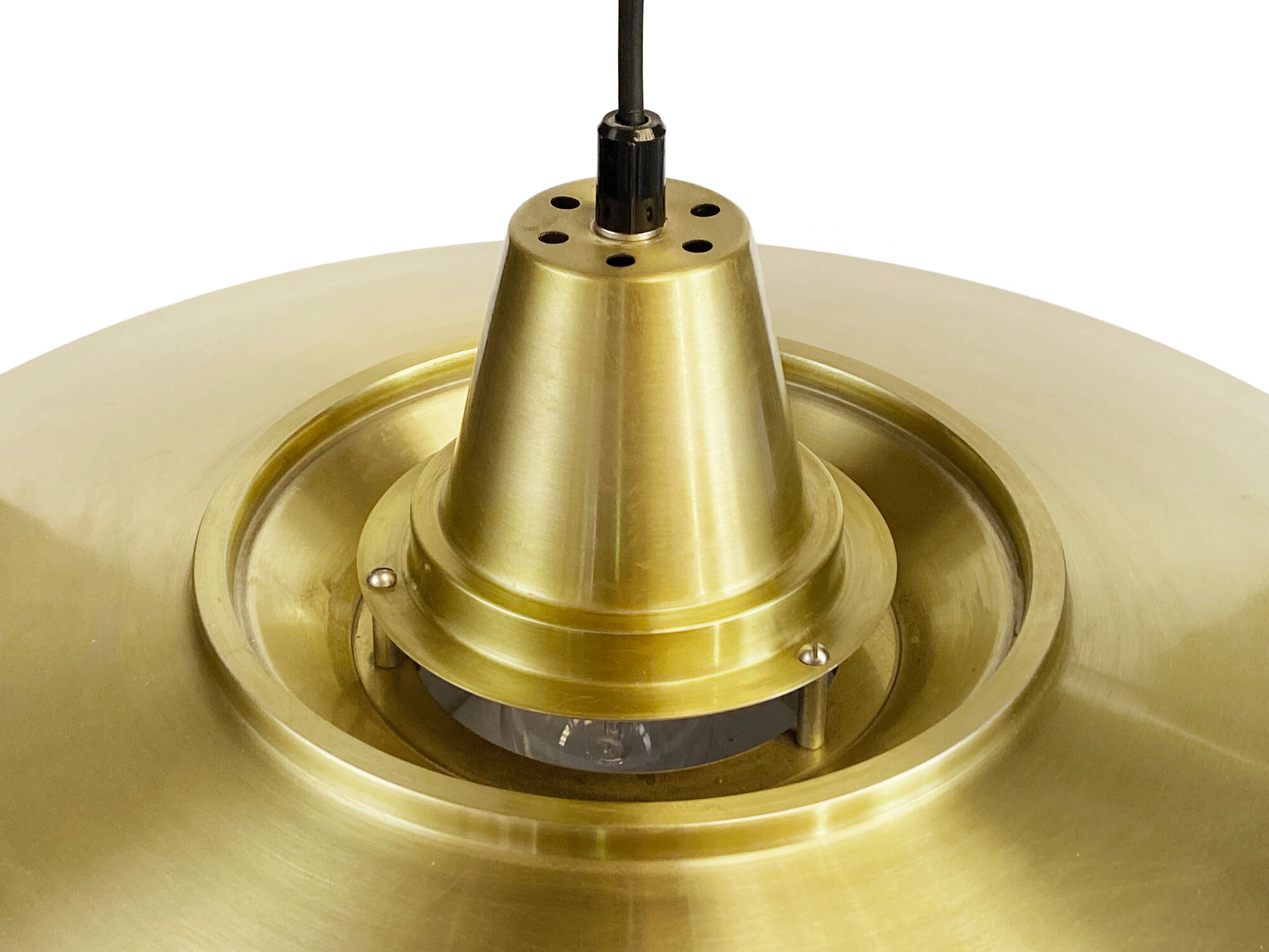 Large brushed aluminum pendant light with golden finish. Produced by Jeka. Denmark 1970s