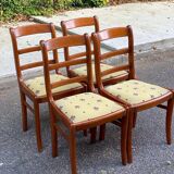 4 chaises en bois massif et tissu jaune fleurs Louis Philippe