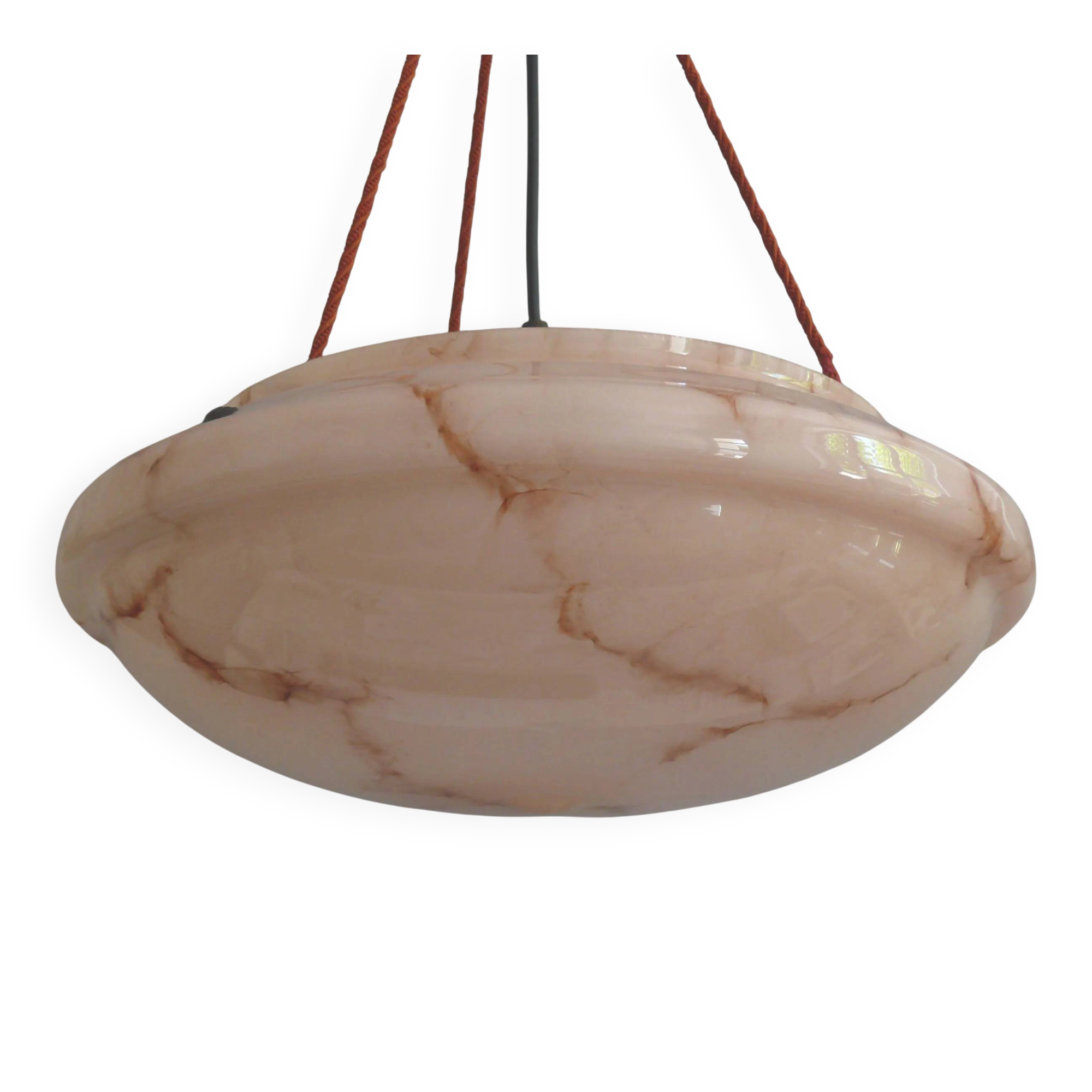 Large Art Deco pendant lamp in marbled glass with rope suspension, 1920s-1930s