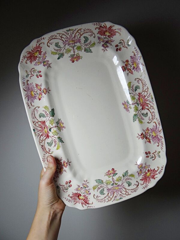 Plat de service Longchamp ancien Pâquerettes en terre de fer polychrome