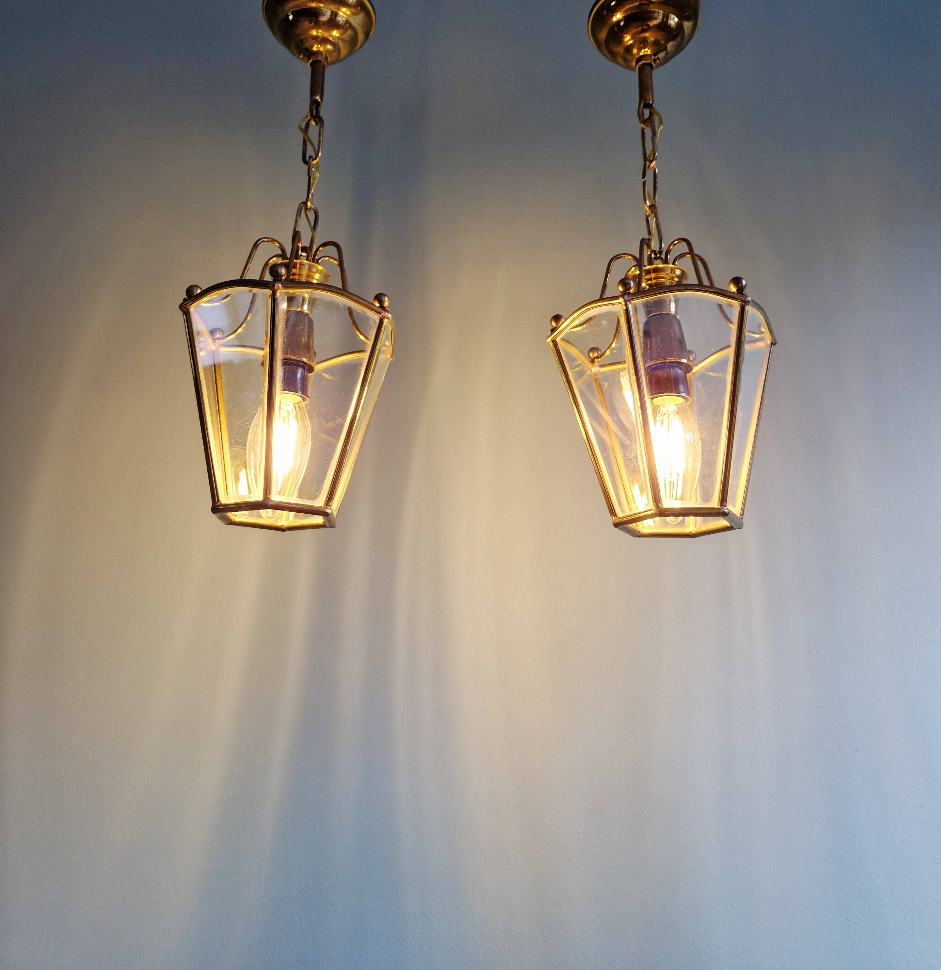 Pair of brass and bevelled glass pendant lights/lanterns, 1950-60.