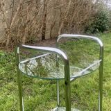 Pedestal table, vintage chrome steel saddle with 2 round windows