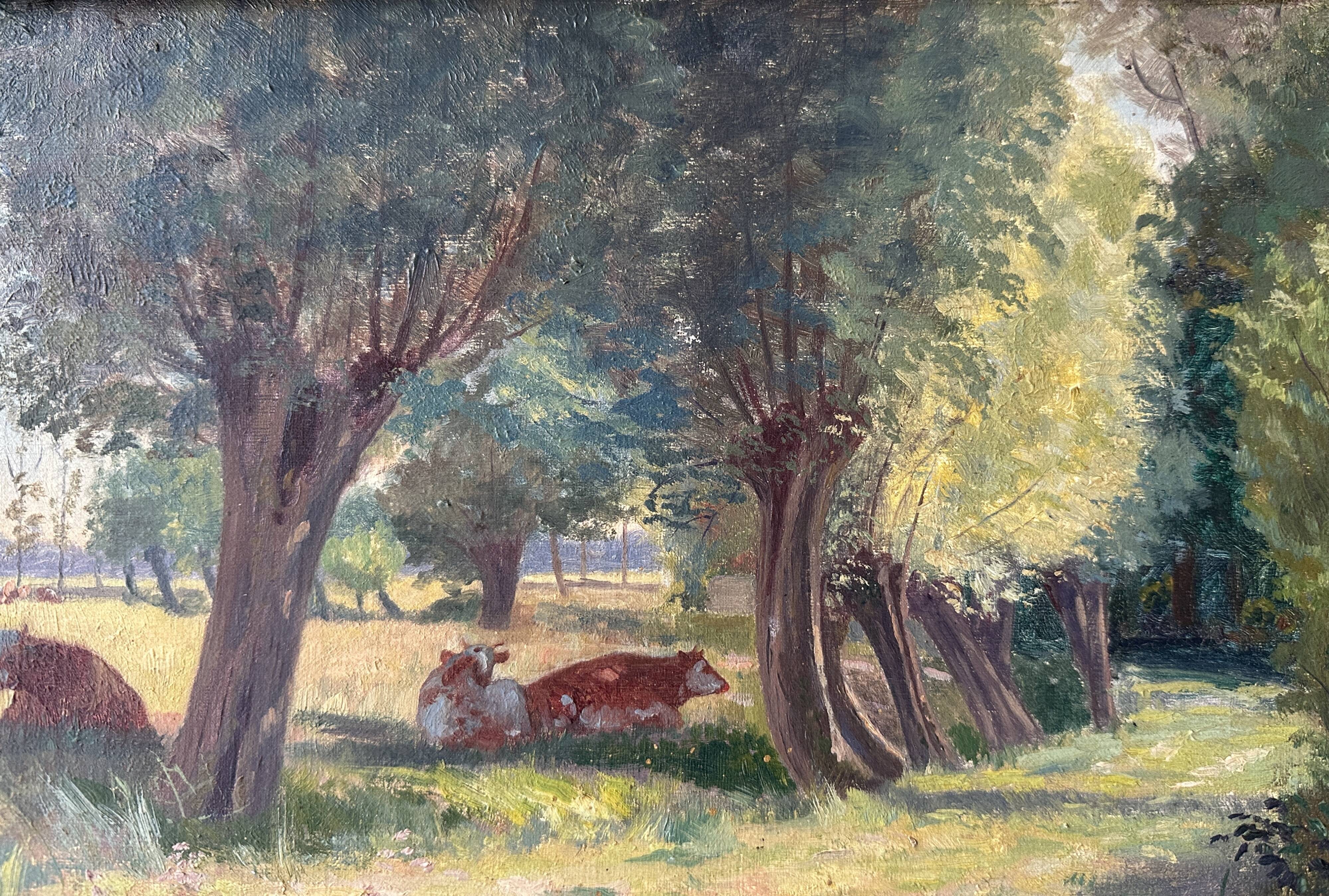 Oil on canvas of a Norman landscape with cows circa 1900.