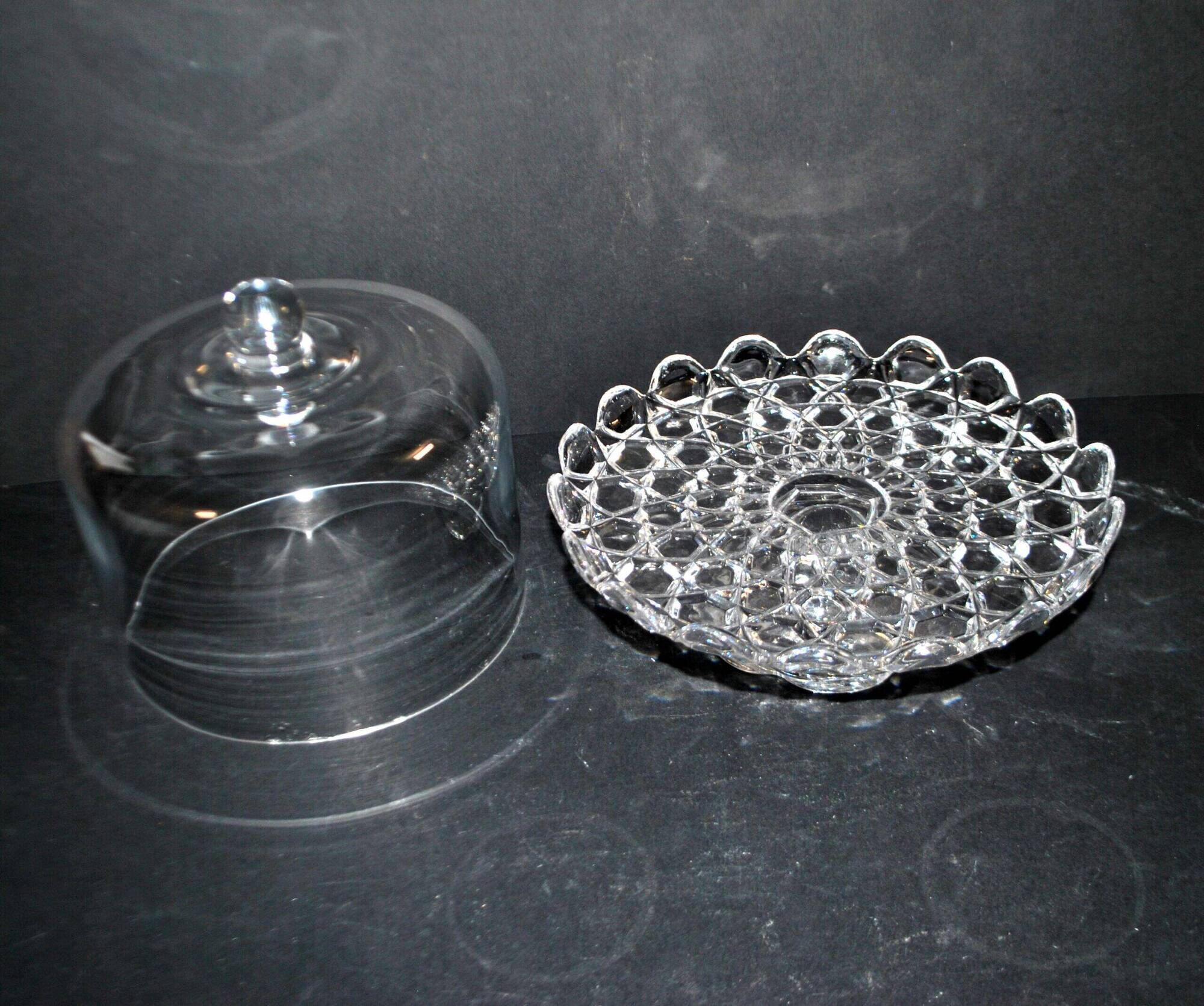 Antique cheese dome on a diamond moulded crystal stand, 1920, marked registered.
