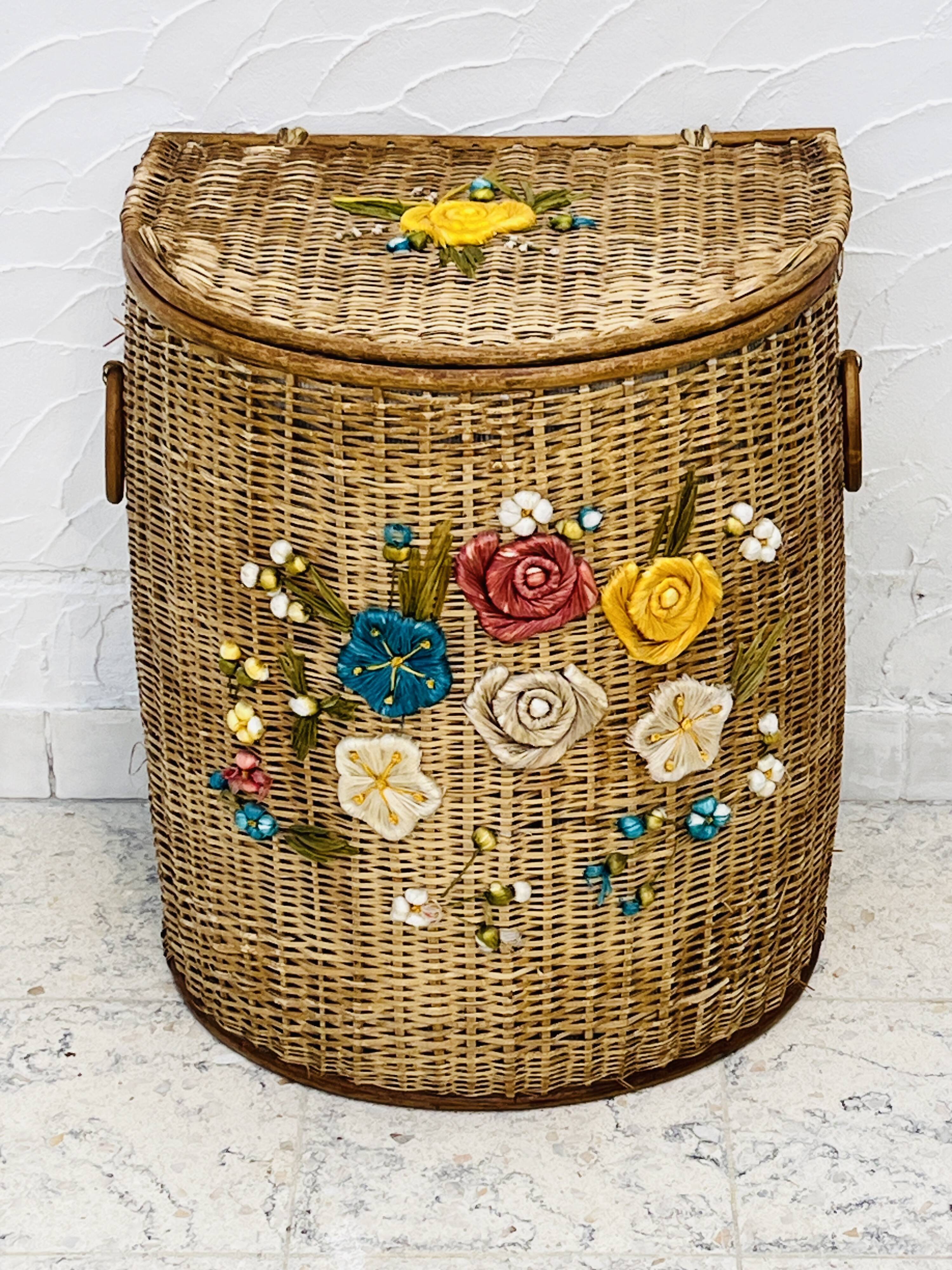 Vintage wicker mannequin with colourful floral decoration.