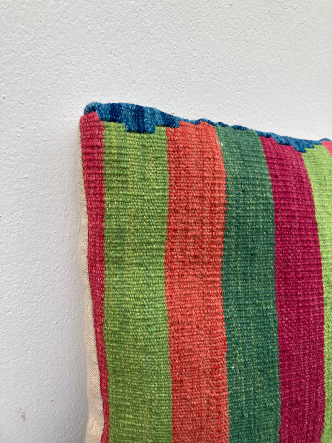 Turkish kilim cushion with stripes green red orange and blue 50x50cm