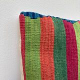 Turkish kilim cushion with stripes green red orange and blue 50x50cm