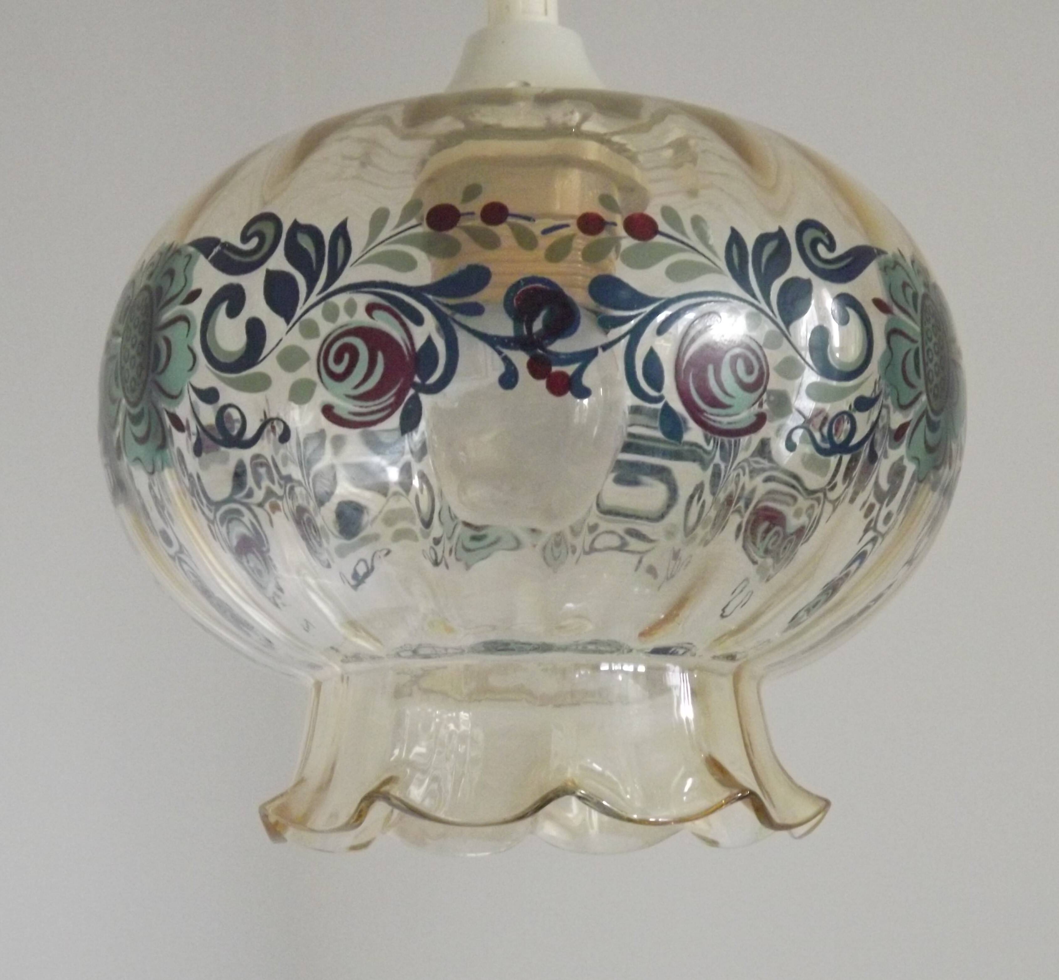 French Vintage Clear Glass Ceiling Light with Colourful Floral Decoration