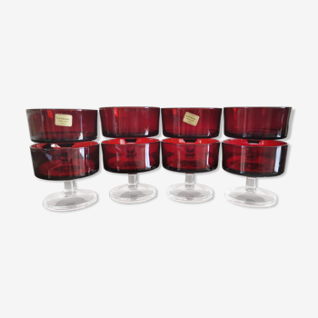 8 glasses of champagne cavalier Luminarc France ruby red color 70's