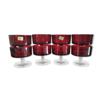 8 glasses of champagne cavalier Luminarc France ruby red color 70's