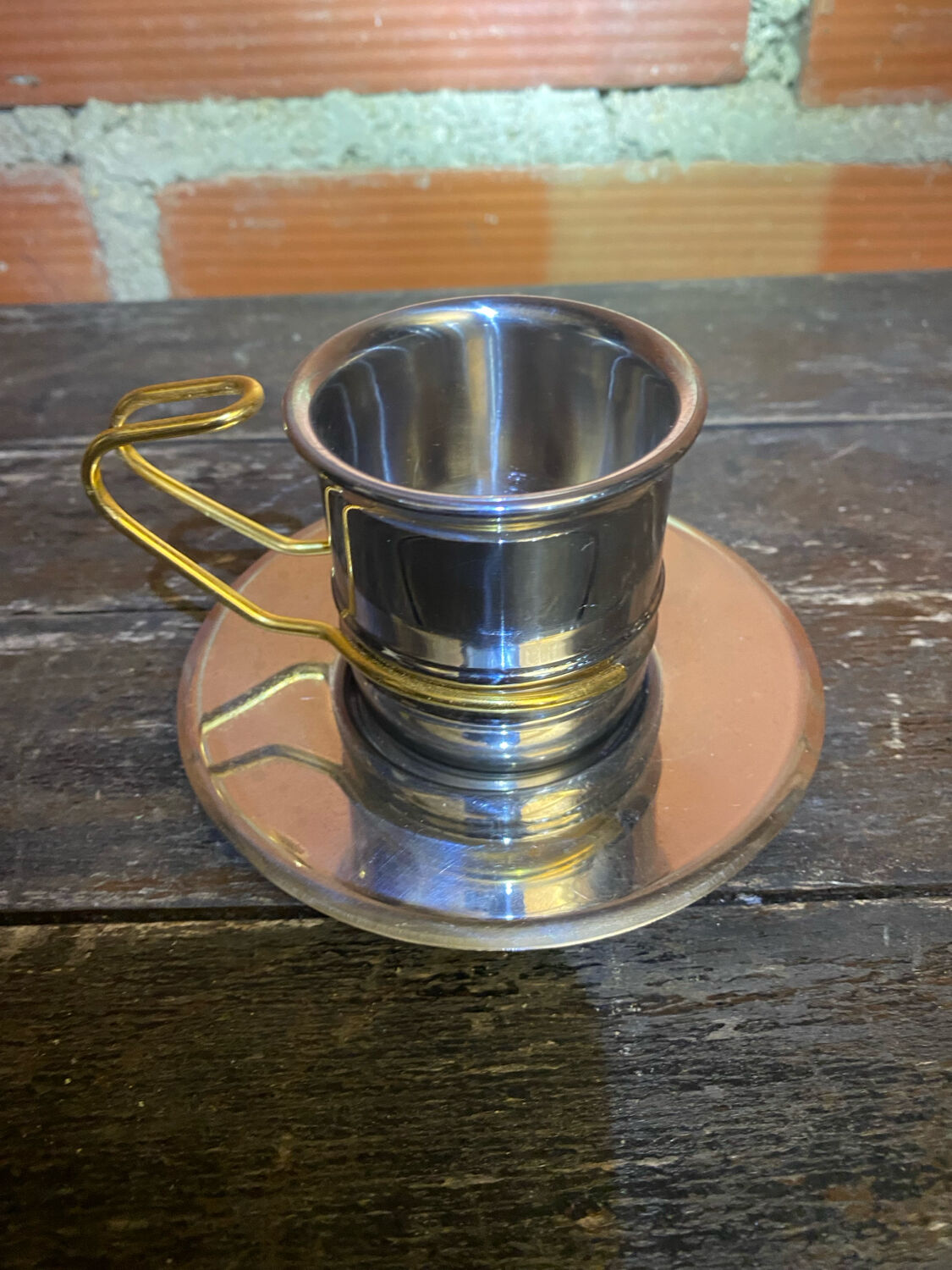 Old Pair of Stainless Steel Cup + Golden Metal Handle Made in ITALY Vintage #D46