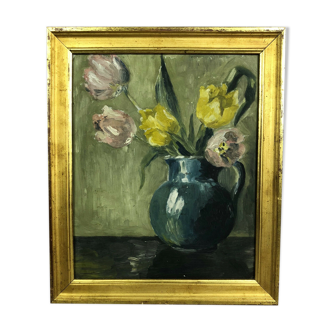 Table oil on panel "The bouquet of tulips"