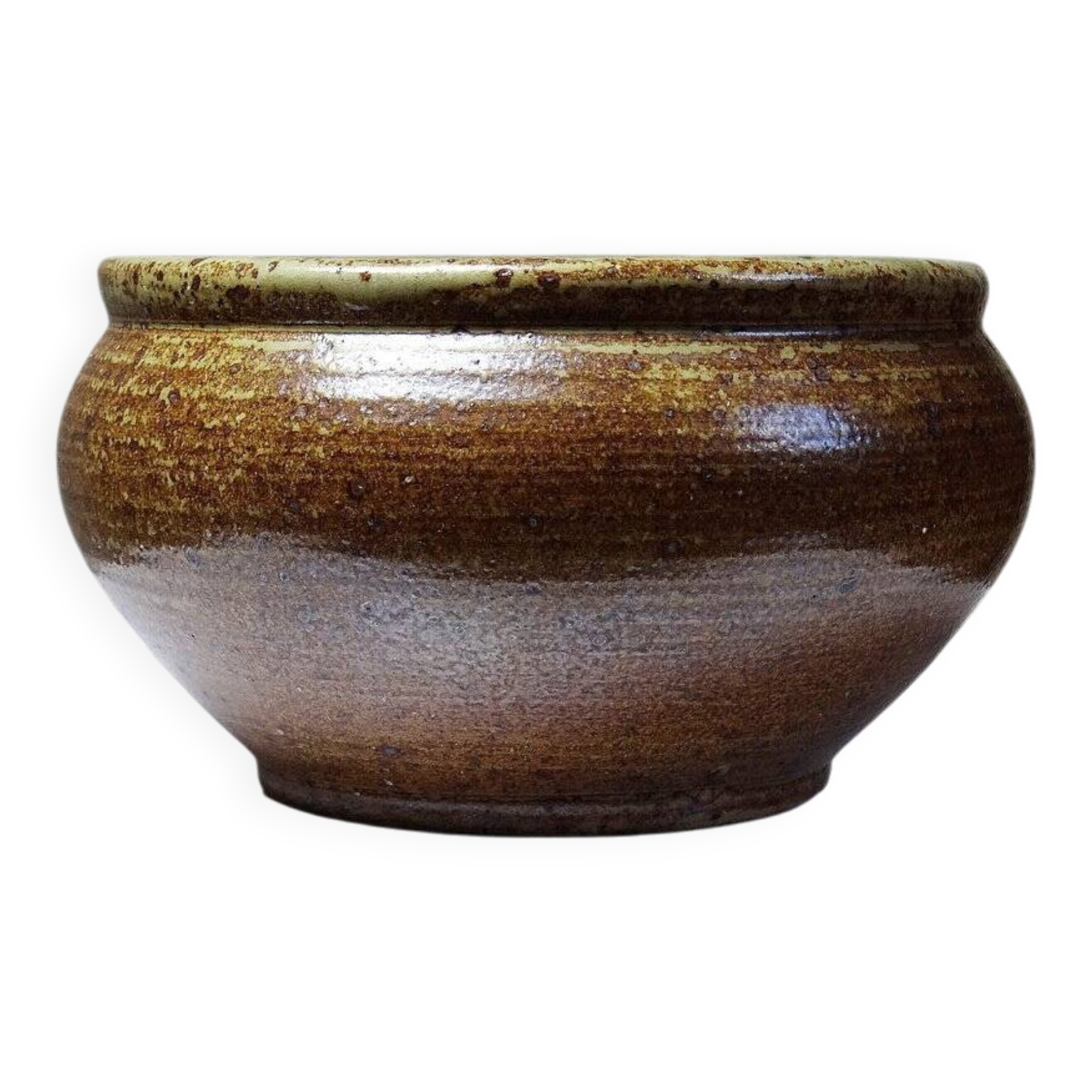Vintage glazed stoneware bowl or planter in rustic wabi-sabi style.