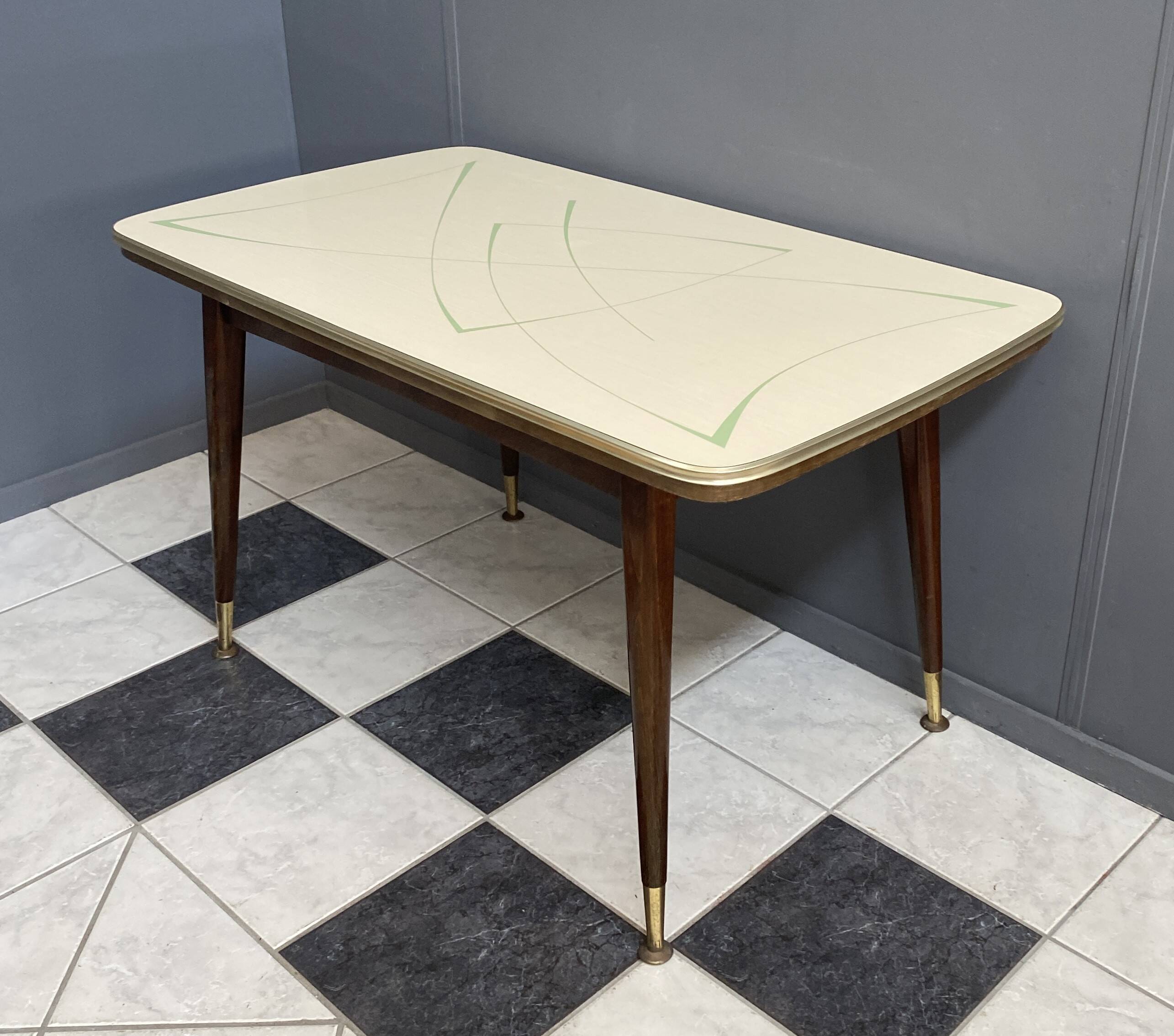 cream and green color 1960s formica dining table enlarge and changing in height