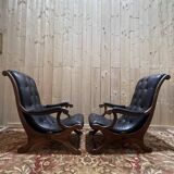Pair of English Chesterfield armchairs in black leather