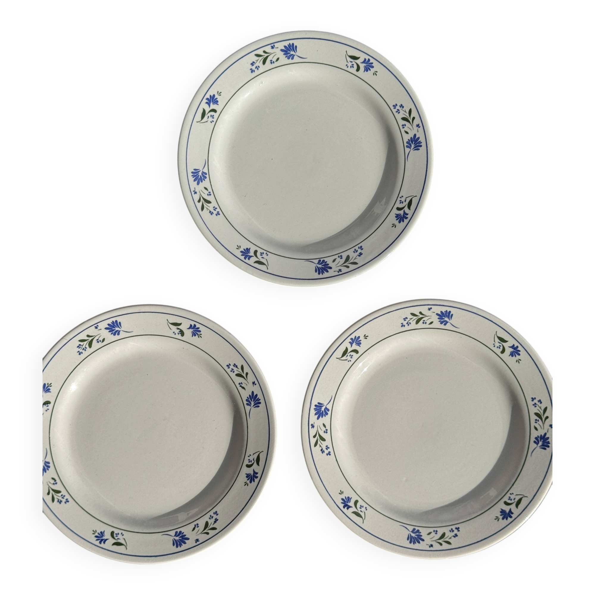 Set of 3 small dessert plates with a blue flower border, no brand.