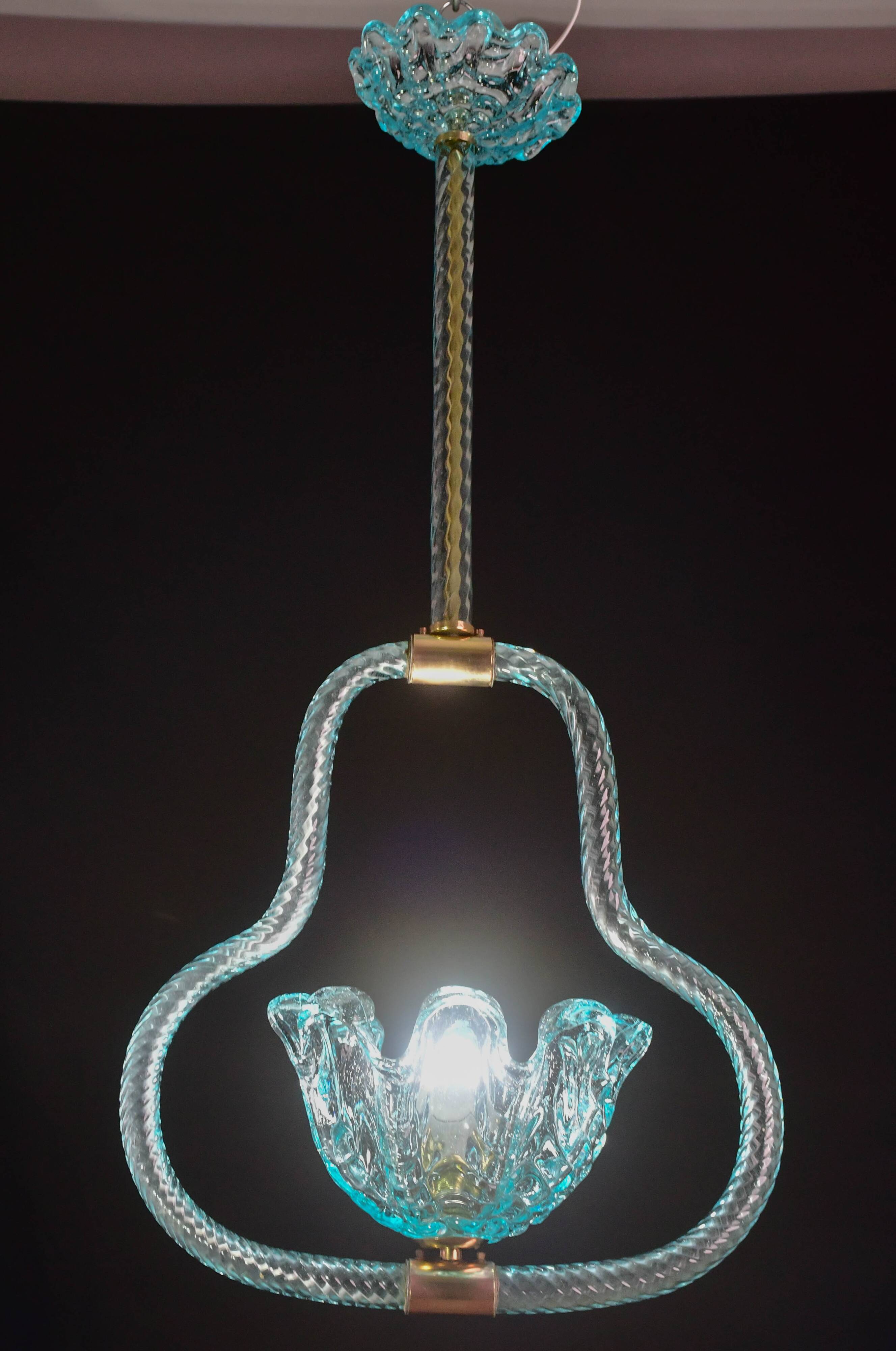 Blu acquamarine Murano glass chandelier by Barovier e Toso, 1940s