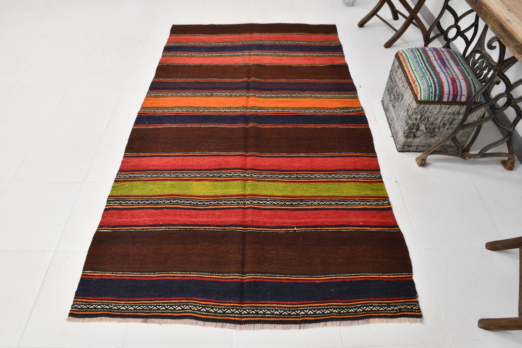 4x8 Brown & Blue Turkish Vintage Kilim Rug 139x245Cm SK 2314