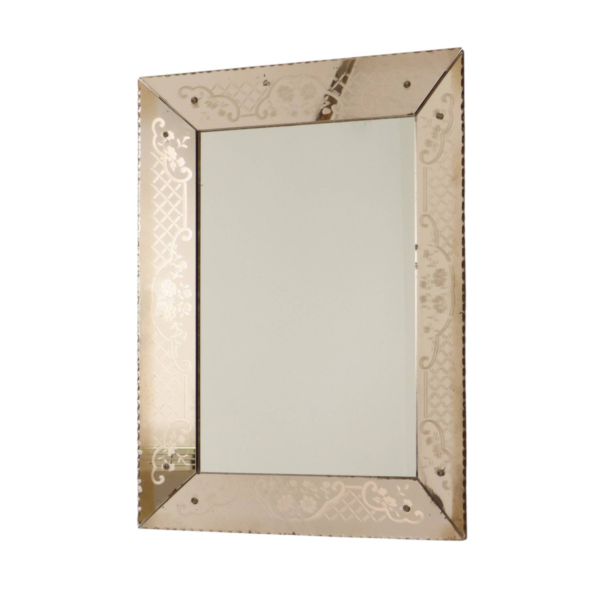 Large Venetian mirror, pink glass with engraved flowers, 77 cm