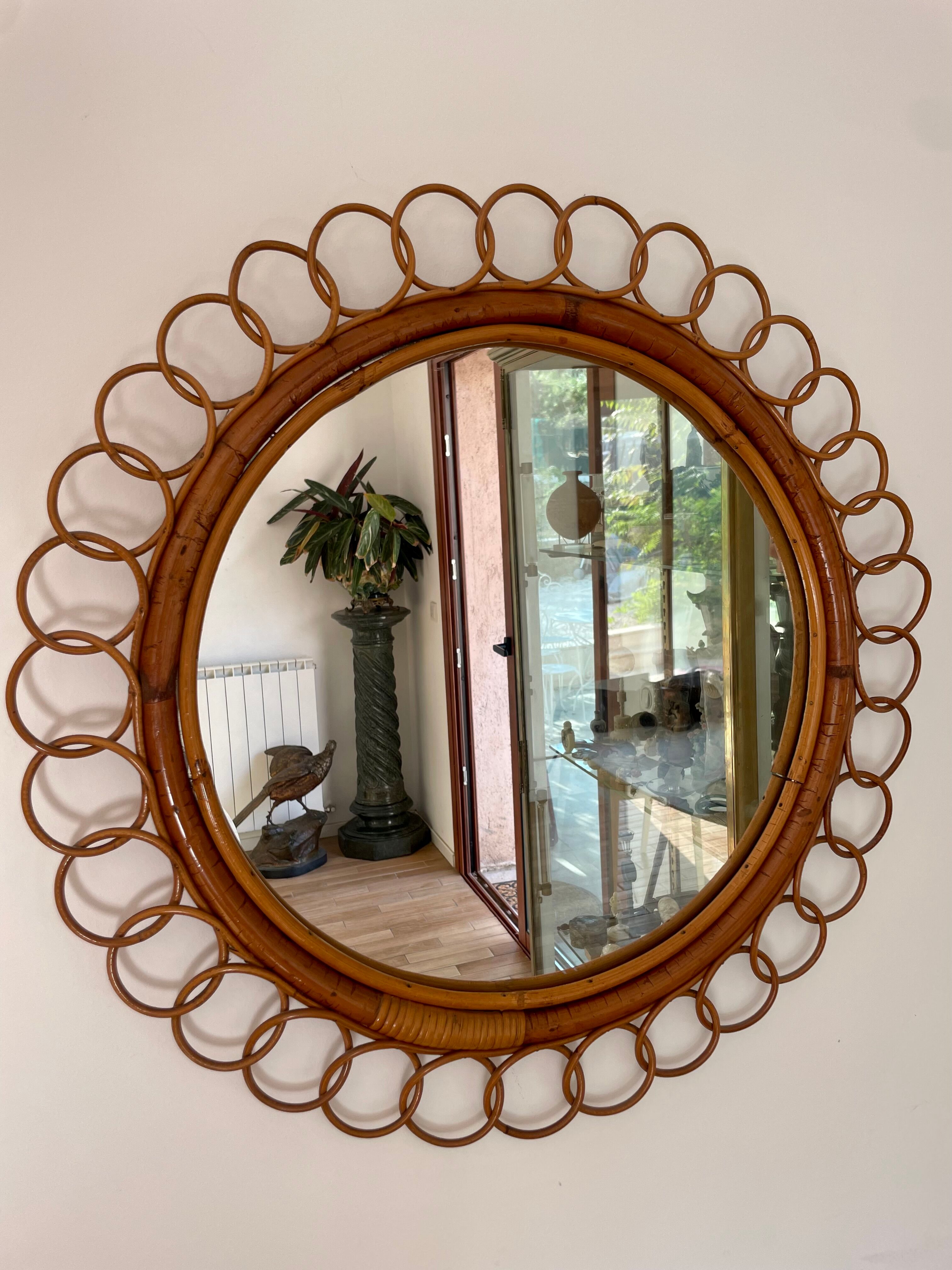 Miroir Soleil En Rotin Courbé. Vers 1960