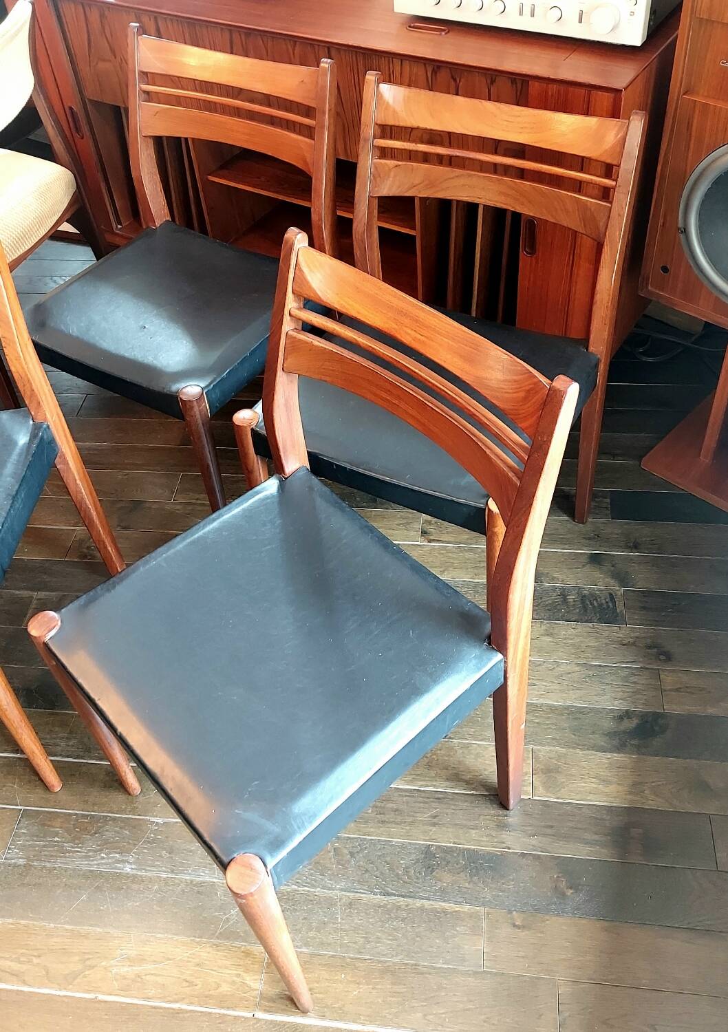 Set of 4 vintage Scandinavian chairs in teak & black skai - 1960s