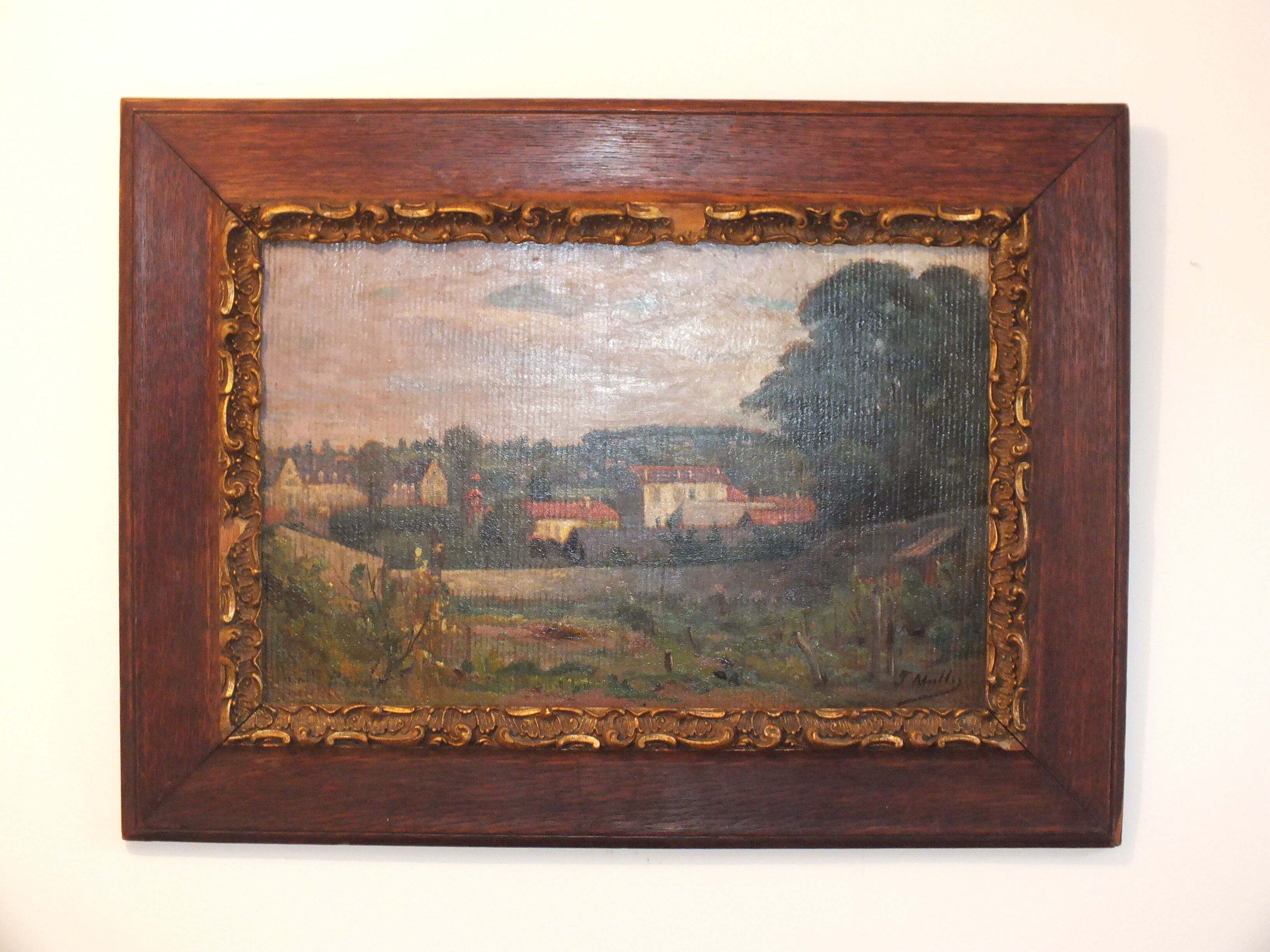 Oil painting on framed landscape panel signed J or F Muller