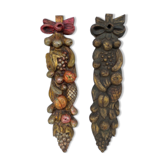 Pair of wooden panels carved polychrome fruit decoration xxe