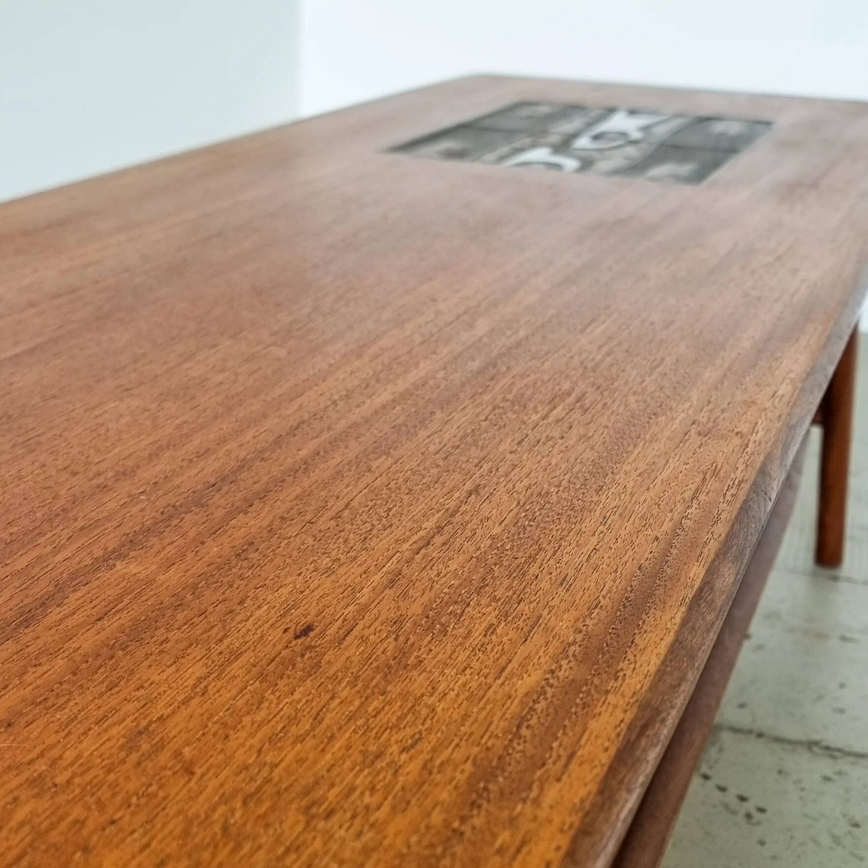 Teak coffee table by Louis Van Teeffelen with tile inlay.