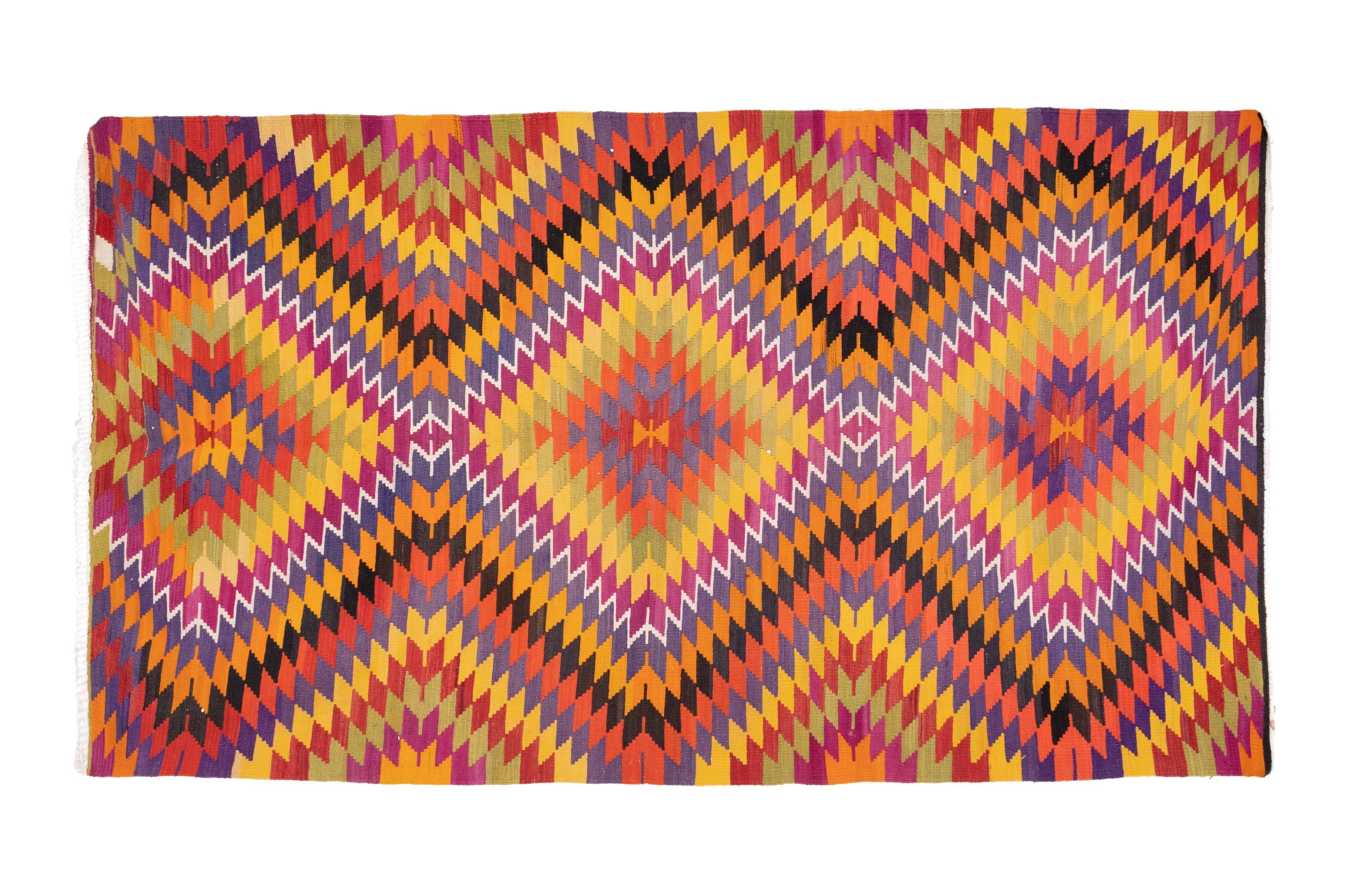 Vintage Oriental Diamond Pattern Large Floor Turkish Kilim Rug 6' X 11'2"