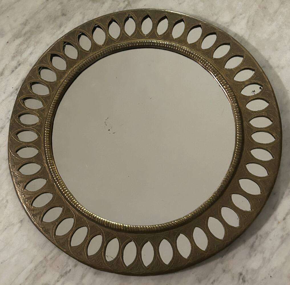 Round Indian wall mirror, hammered brass, vintage, 1960s/70s