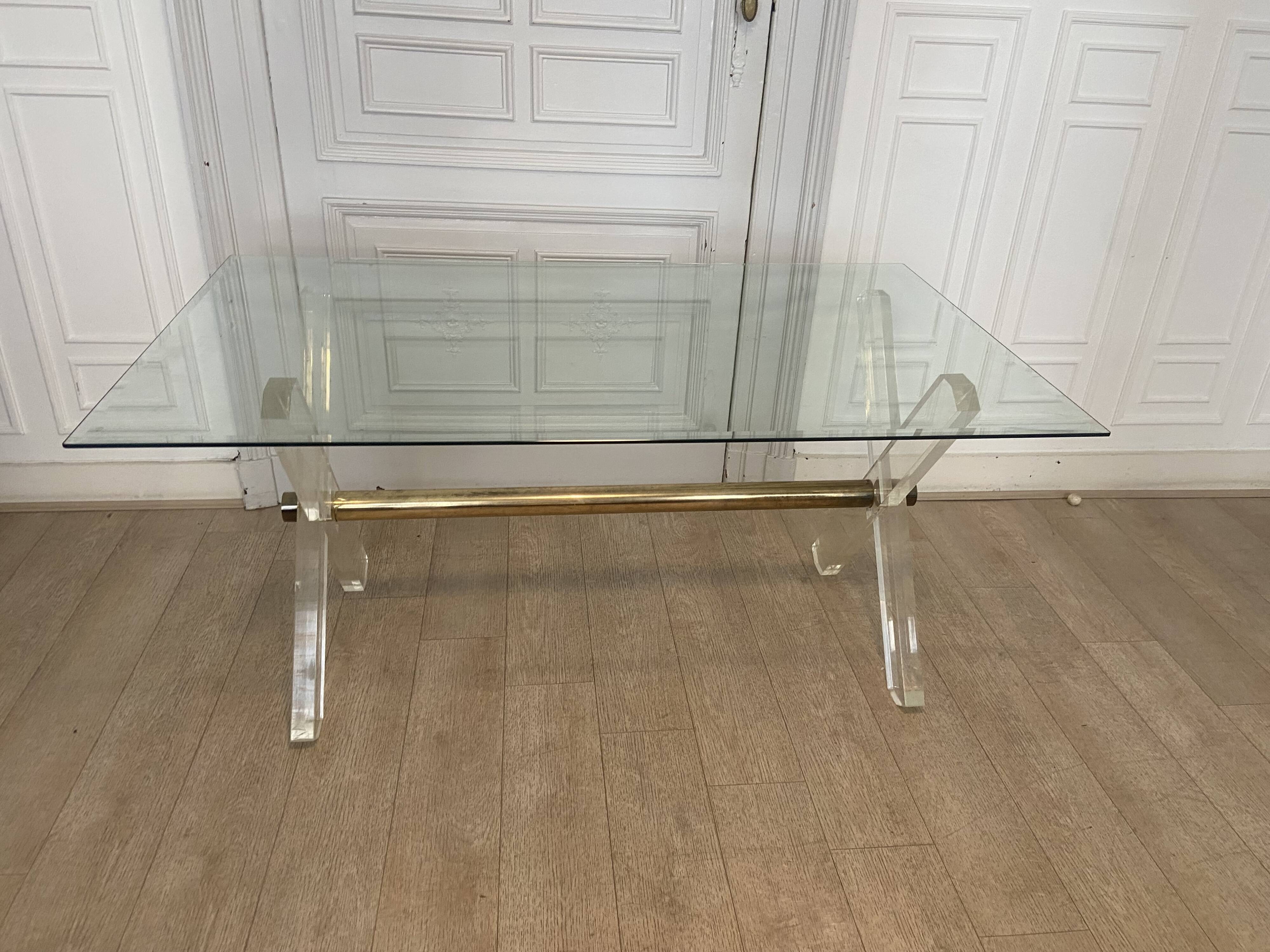 Table in plexiglass gold metal and beveled glass 1970s