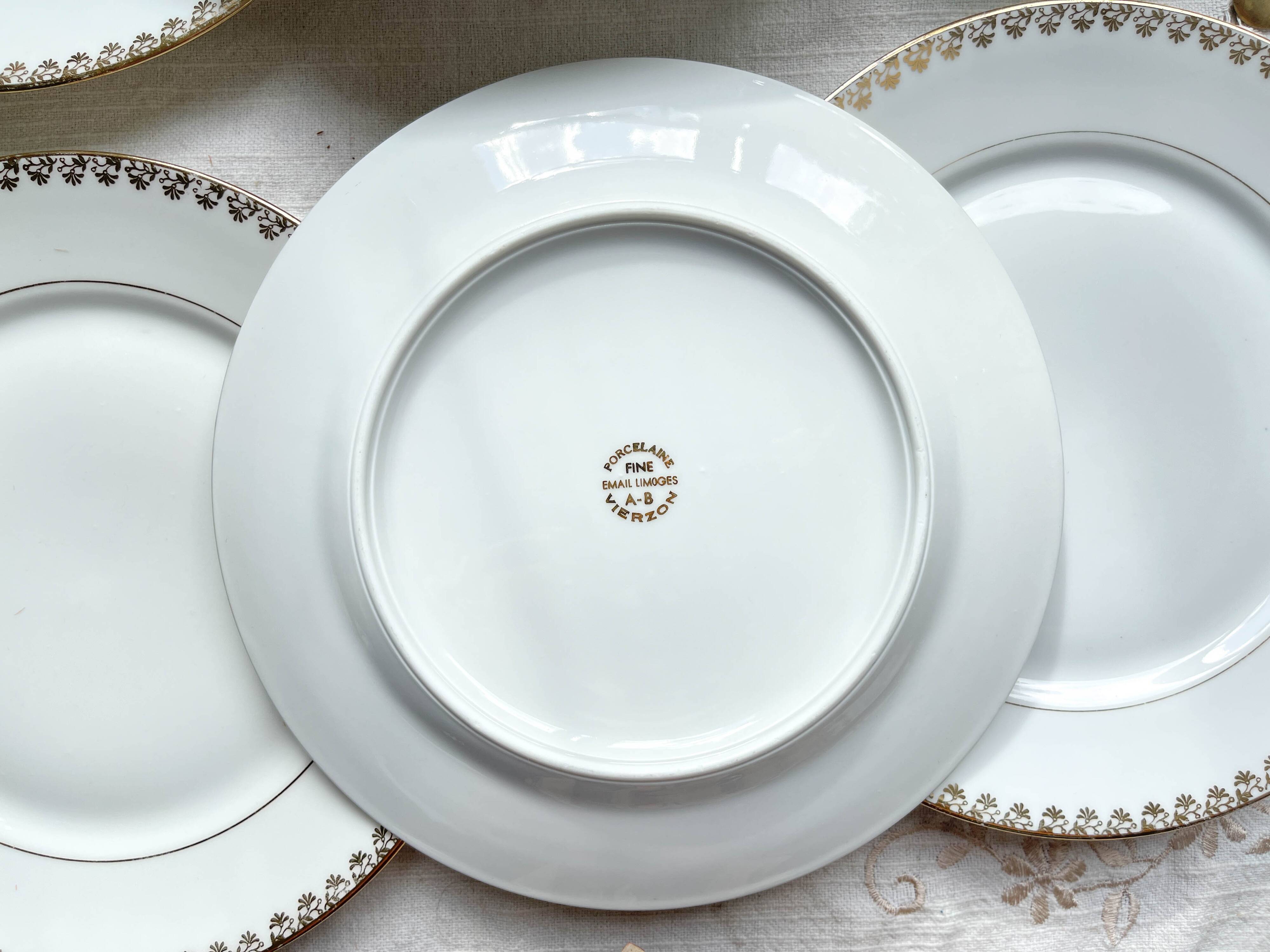 12 Vintage Terre de Fer White Plates + Small Gold White Porcelain Plates LIMOGES